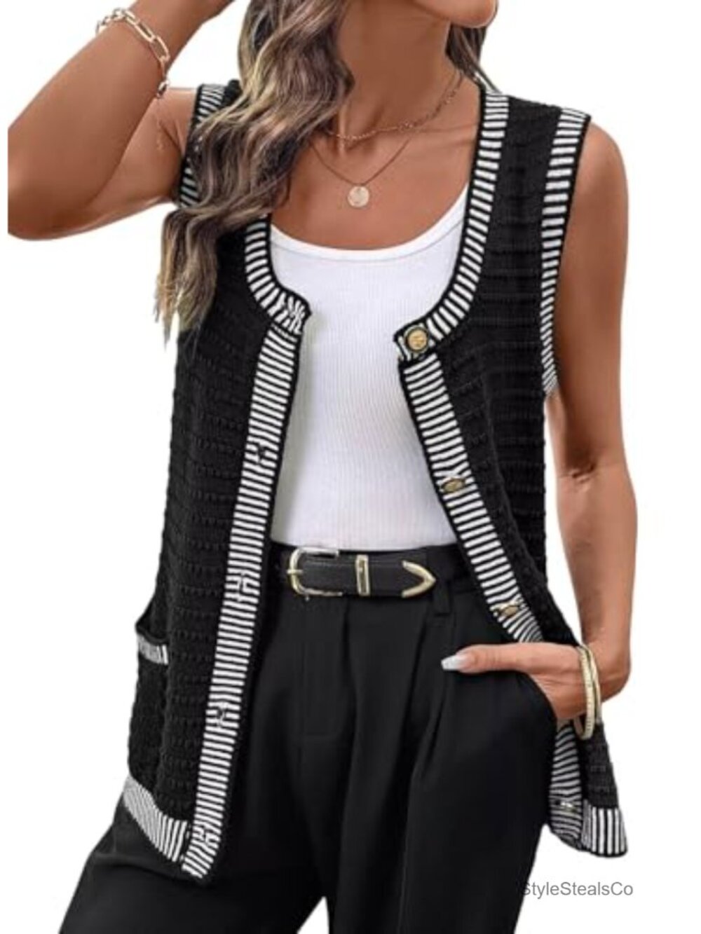 Sleeveless Cardigan Sweater with Button Down and Pockets